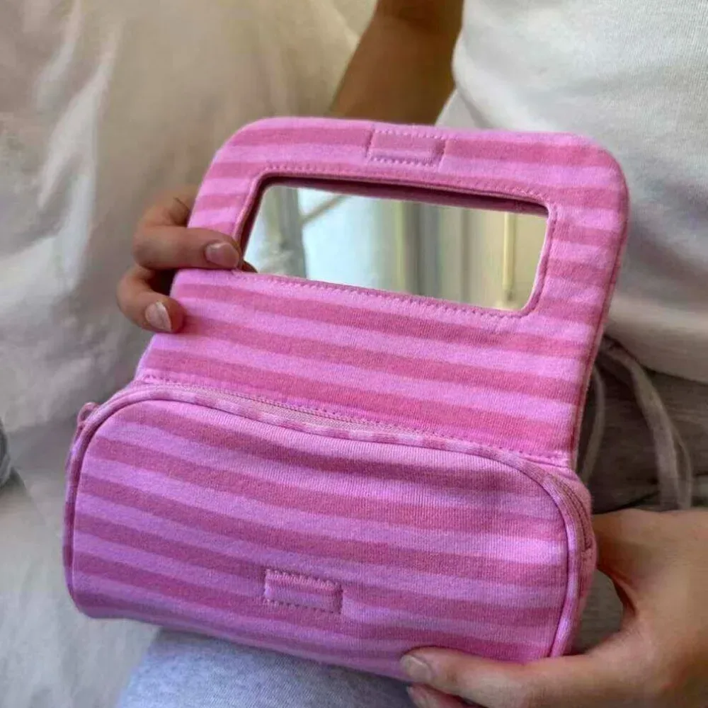 sac à cosmétiques portable en toile à pois, sac de rangement pour bijoux à rayures de grande capacité avec miroir de maquillage multifonctionnel
