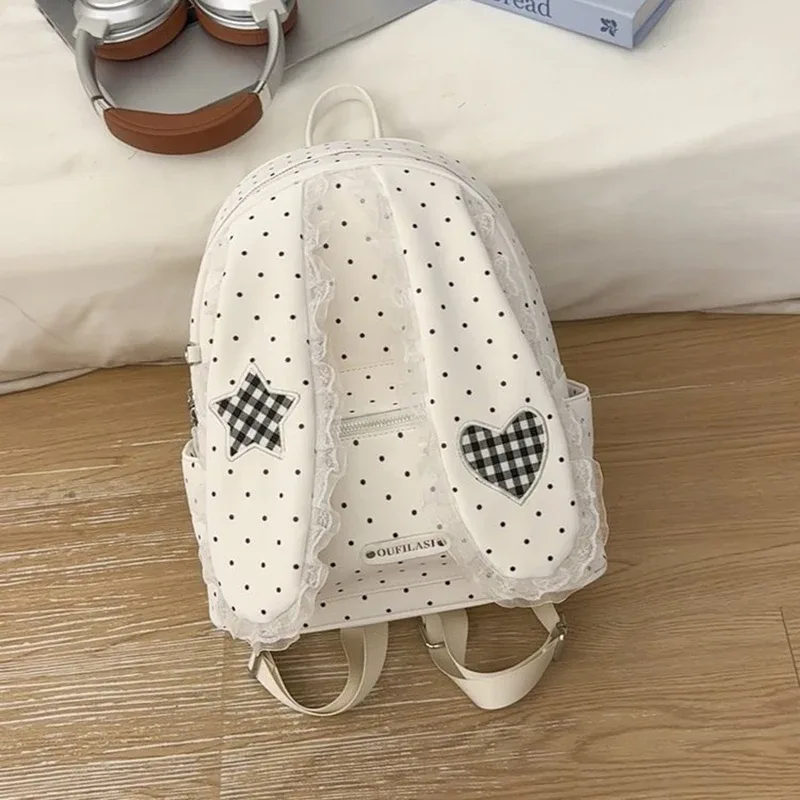 sac à dos créatif mignon avec oreilles de lapin, décor en dentelle à pois, style japonais lolita, sac à dos preppy pour fille, sac à main léger en nylon