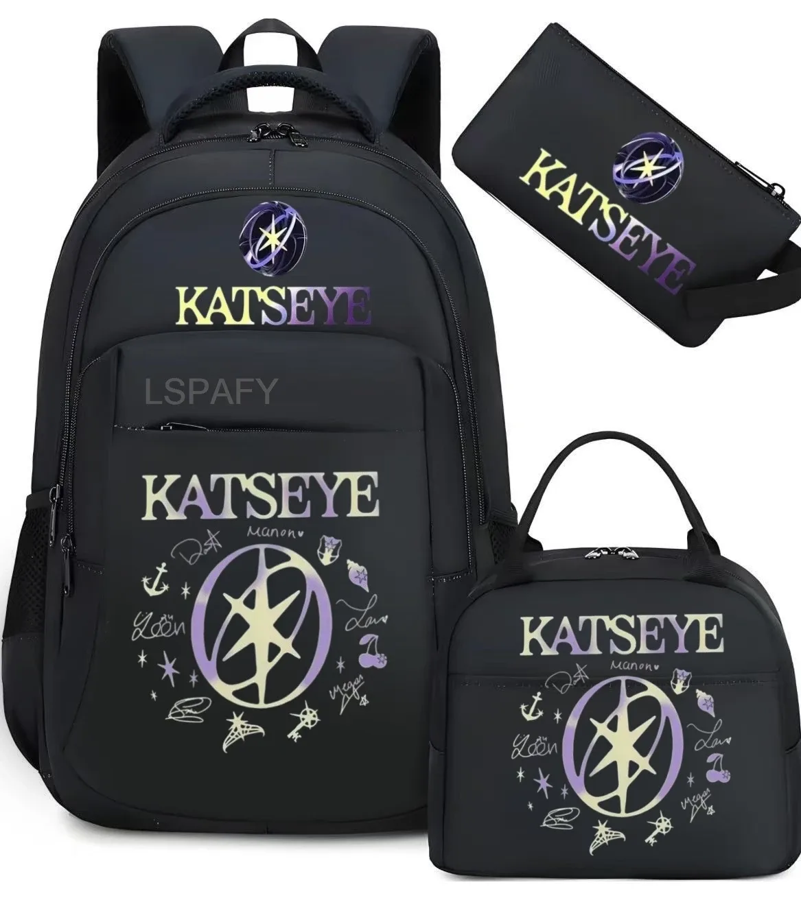 sacs d'école imprimés fashion katseye, ensemble de 3 pièces, sac à dos pour l'école primaire, garçons et filles, sac à dos de sport avec sac à lunch et trousse à crayons