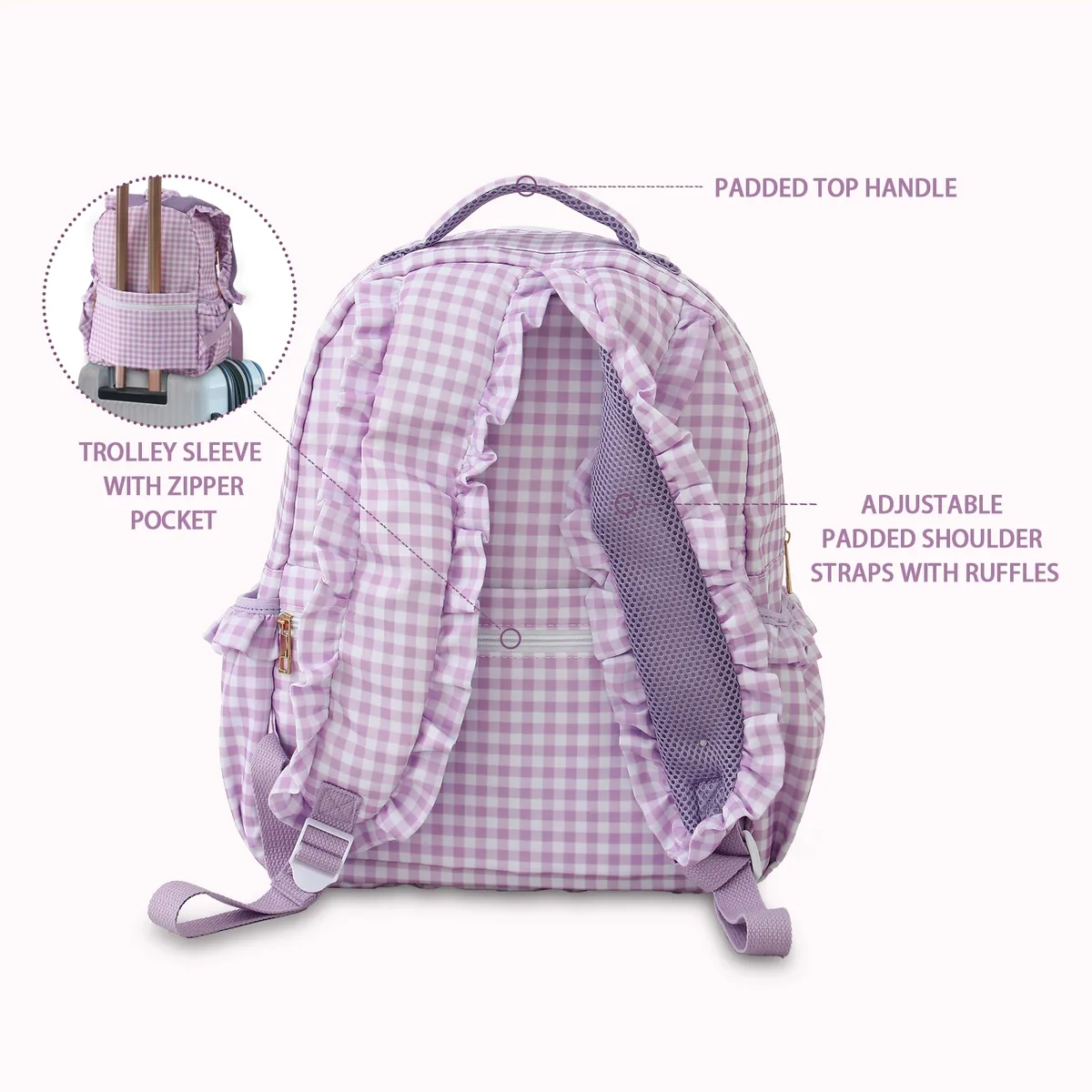 Sac à dos à volants vichy pour filles, avec manches porte-crayons, multi-poches, grande capacité pour adolescents, sac à dos de voyage pour la rentrée scolaire