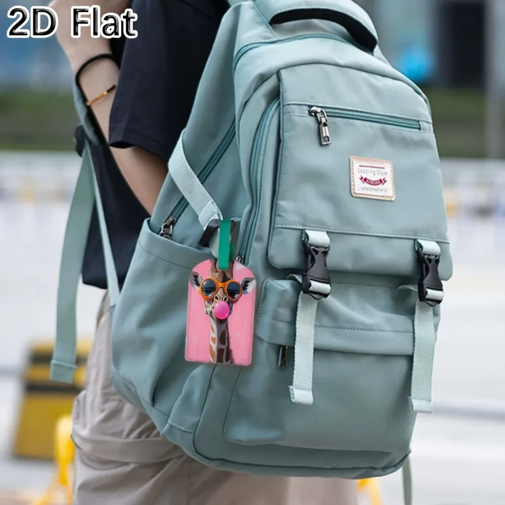 étiquette de bagage mignonne en forme de girafe avec lunettes et motif de chewing-gum, étiquette de valise pour le voyage