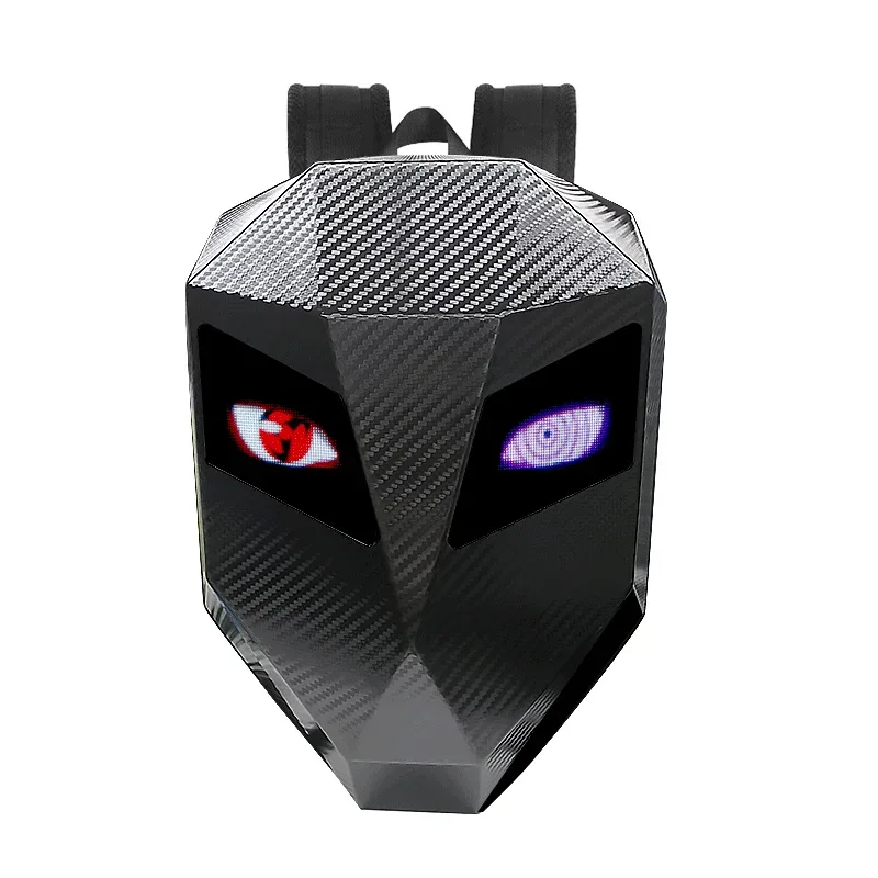 sac à dos de motard led avec yeux lumineux, texture en fibre de carbone, casque, sac à dos de locomotive, sac d'école, sac à dos pour ordinateur portable moto