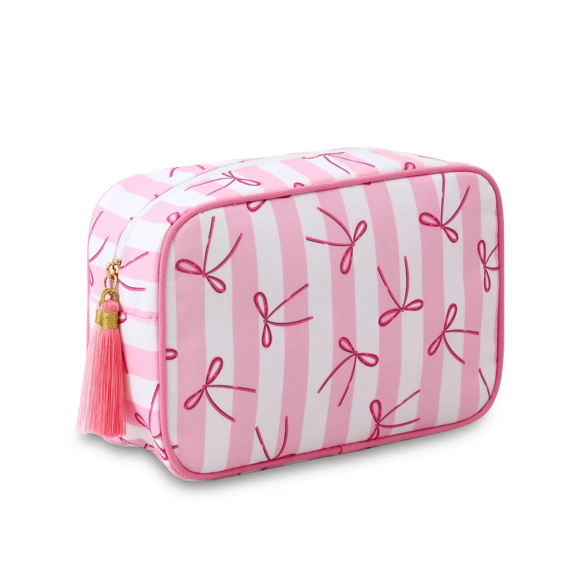 grand sac à cosmétiques portable rayé pour femmes, sac de maquillage à pompon avec fermeture éclair, pochette de rangement de grande capacité