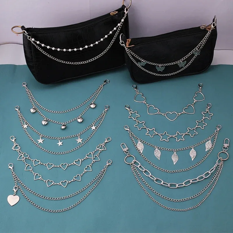 nouvelle sangle chaîne métallique multi-couches diy avec pendentifs papillon, cœur et étoile pour sac à bandoulière