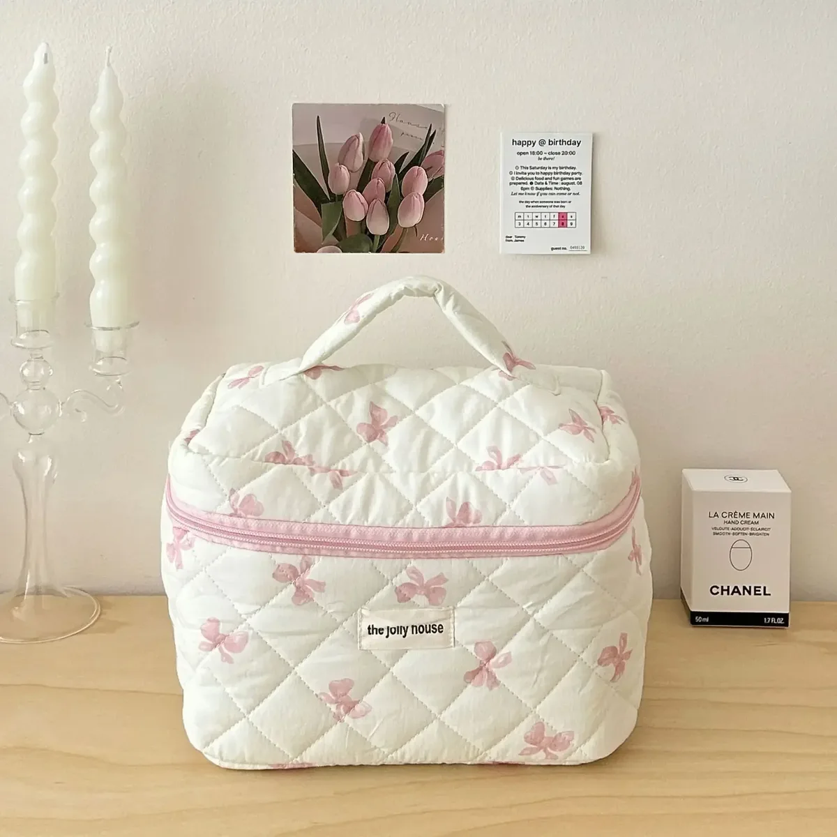 sac de maquillage coréen imprimé nœud pour femmes, trousse à cosmétiques portable de grande capacité pour articles de toilette de voyage, sac de rangement de cosmétiques