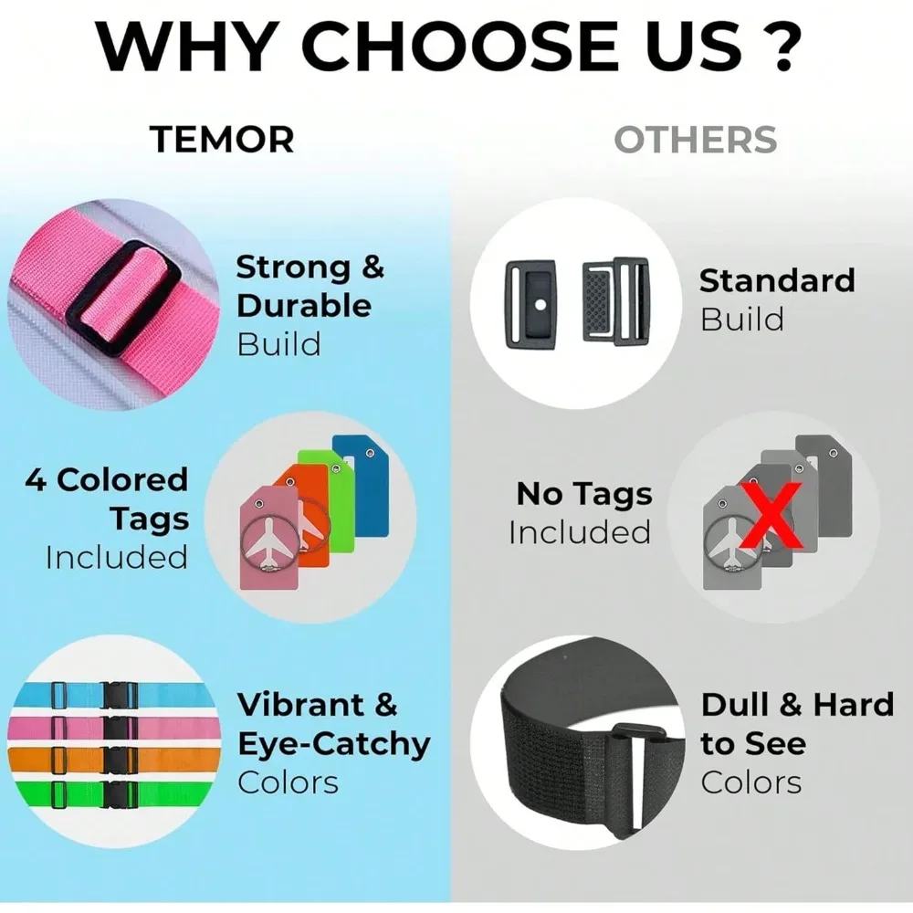 ensemble de sangles de bagages avec étiquette de bagage, plusieurs couleurs de sangles de bagage adaptées à différents types de bagages adaptées aux voyages
