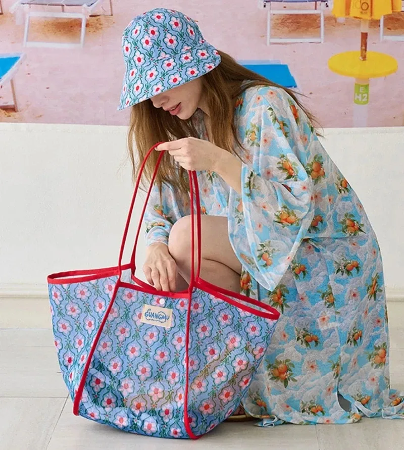 Sac de plage grande capacité pour maman, sac à bandoulière color-block, sac de shopping en maille ajourée, sac de rangement pour jouets de plage, maquillage et natation
