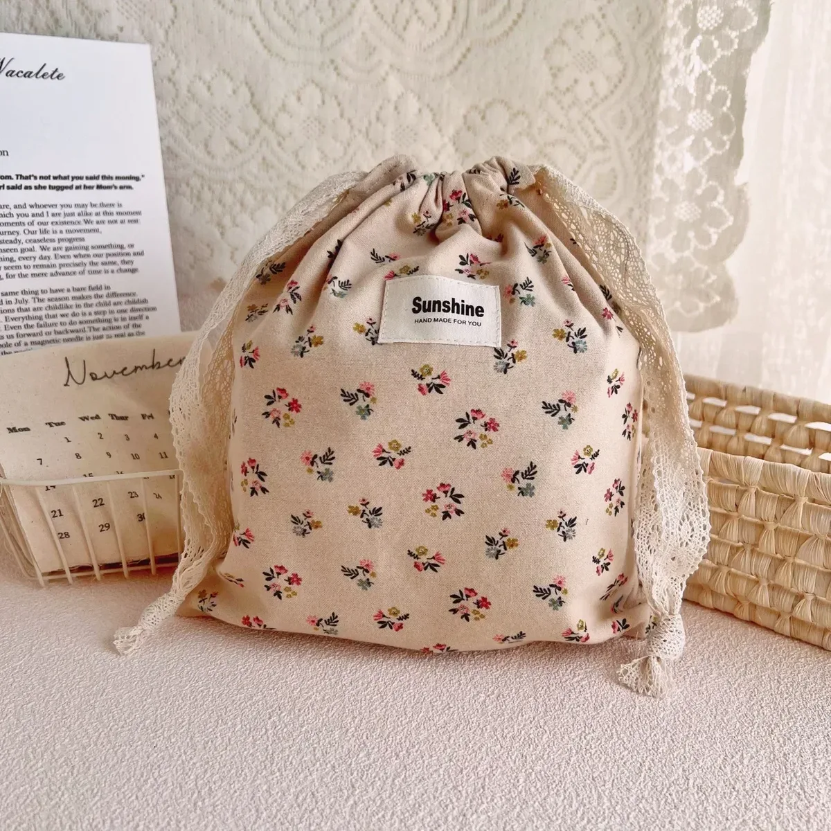 sac de rangement de voyage à proximité extérieure, sac de rangement classé, sacs à cosmétiques à fleurs imprimées, paquet de poche en ficelle de coton