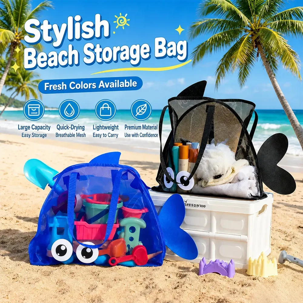 sac de plage en maille à motif de dessin animé, grande capacité, pliable, sac de rangement pour jouets de sable, sac de piscine léger pour la plage, les voyages et le camping