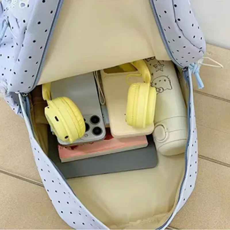 sac à dos tendance, sac d'école pour femmes à pois avec bordure en dentelle, mignon et élégant, sac à dos léger et de grande capacité pour étudiantes coréennes.