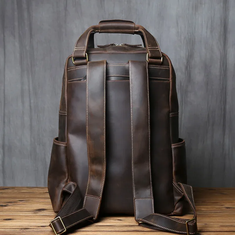 sac à dos rétro en cuir pour hommes, couche supérieure en cuir, grande capacité, sac d'ordinateur, crazy horse, loisirs, voyage, nzpj