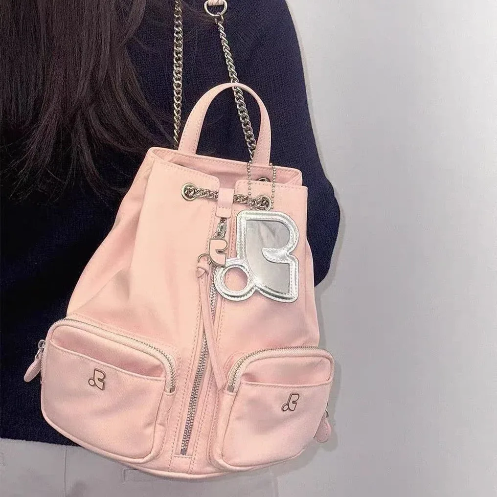sac à dos à chaîne unique, sac à dos créatif coréen multi-poches avec fermeture éclair