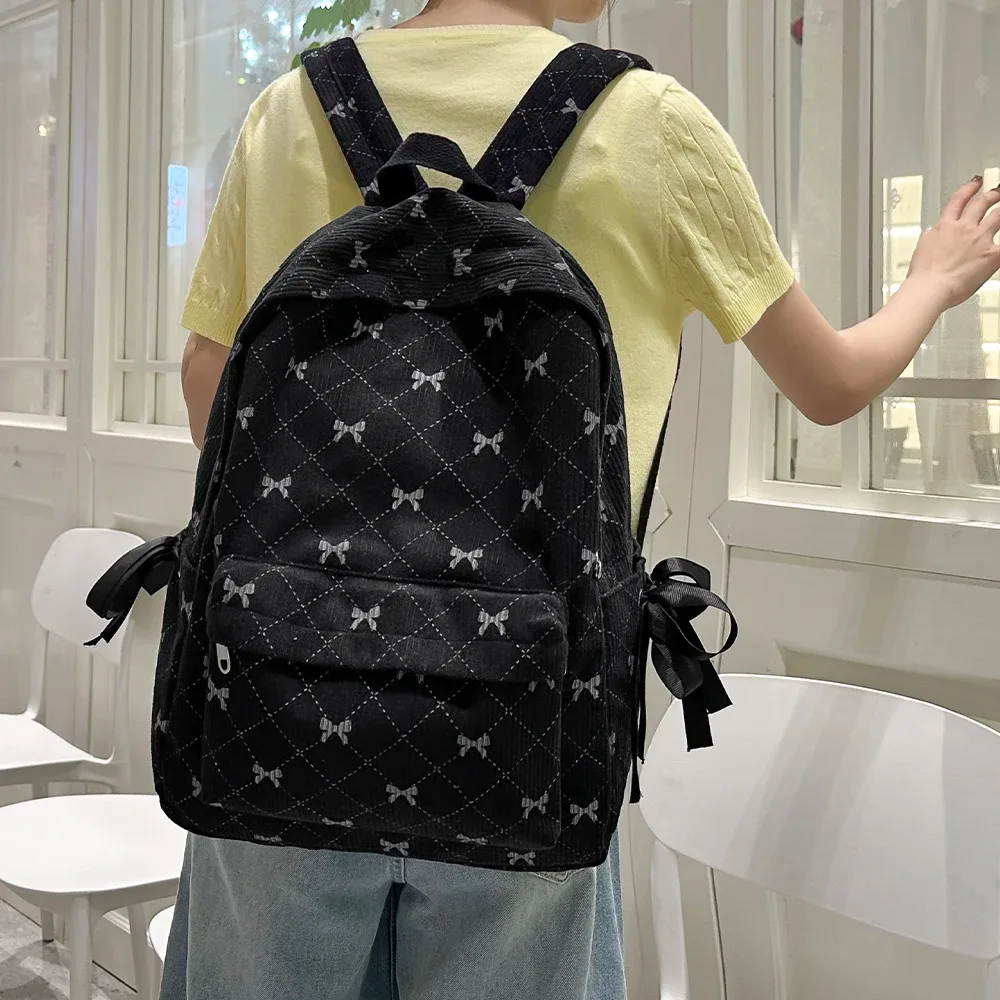 Sac à dos à nœud en velours côtelé pour étudiantes, sac à dos polyvalent pour lycéennes et collégiennes