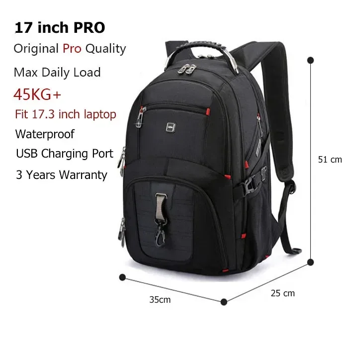 sac à dos multifonctionnel suisse 2026, durable, pour ordinateur portable 17 pouces, sac de voyage, sac à livres universitaire, port de chargement usb, résistant à l'eau