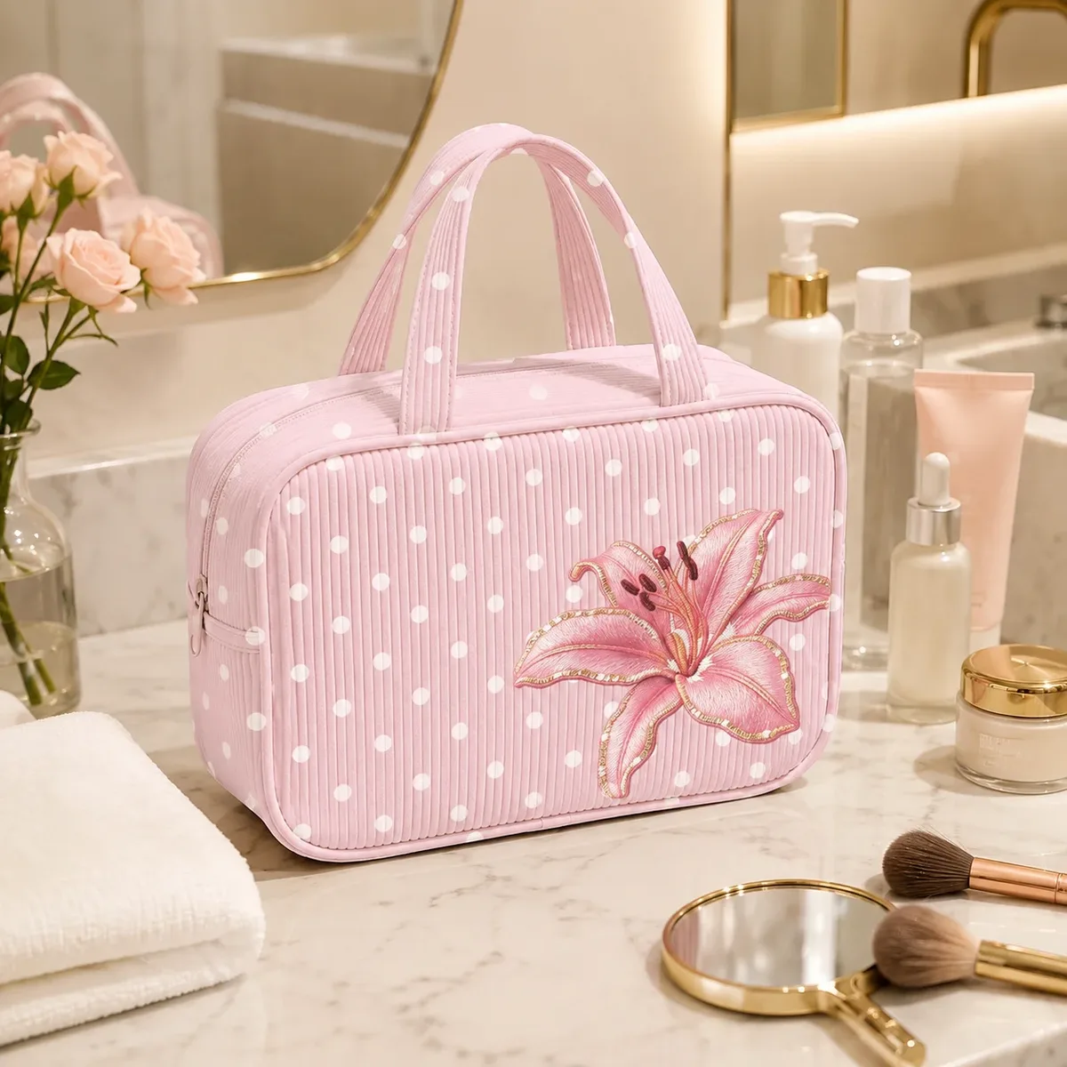 trousse de maquillage rose à pois avec broderie de lys, organiseur de maquillage portable à fermeture éclair pour femmes, voyage, articles de toilette et beauté