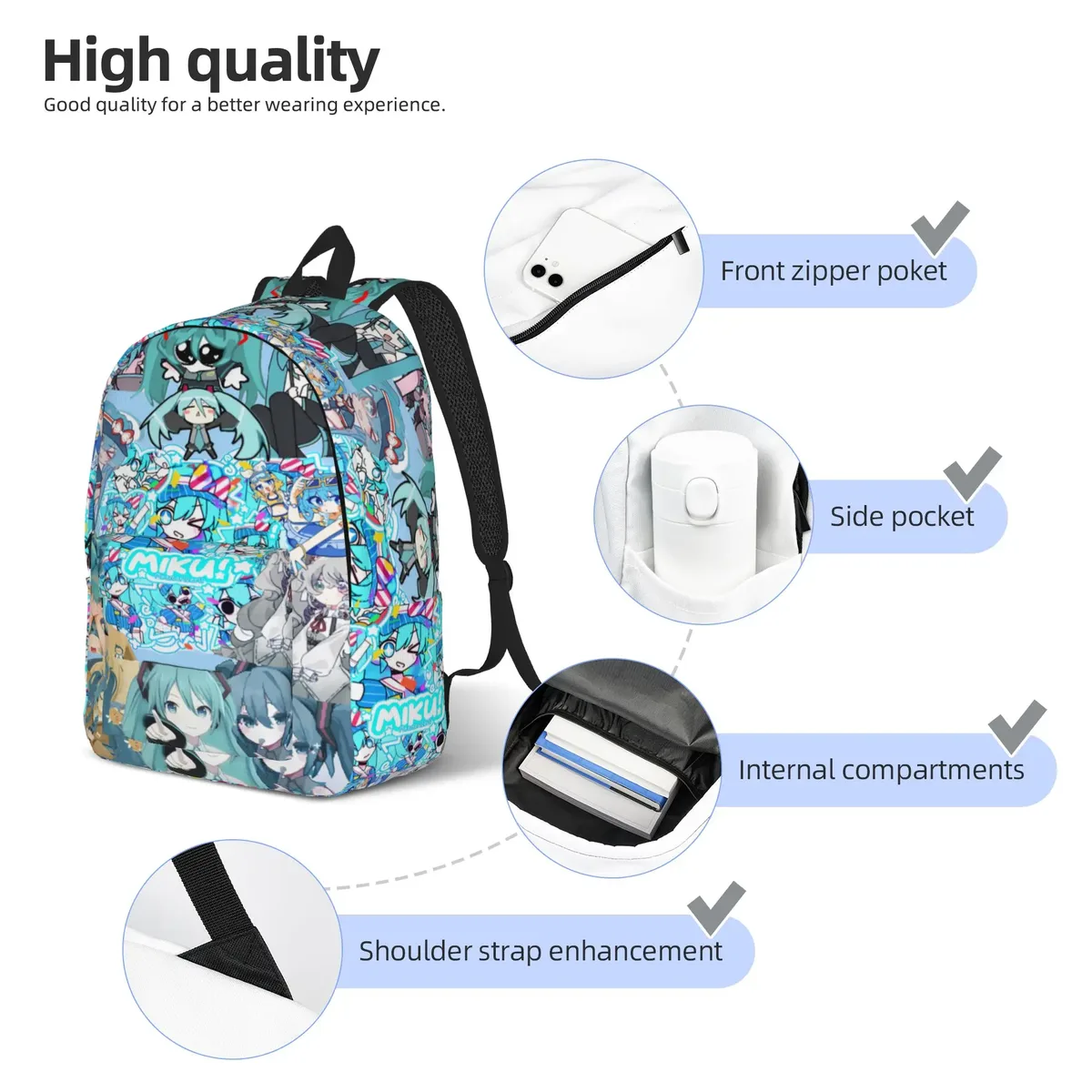 sac à dos hatsune miku pour hommes et femmes, sac à dos décontracté pour étudiants, randonnée, voyage, sac à bandoulière pour l'université, en plein air