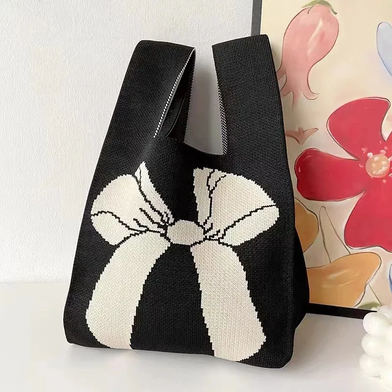 sac à main en tricot fait à la main pour femme, mini sac de poignet à nœud, sac fourre-tout à carreaux à large rayure, sacs à provisions réutilisables pour étudiants, document décontracté japonais