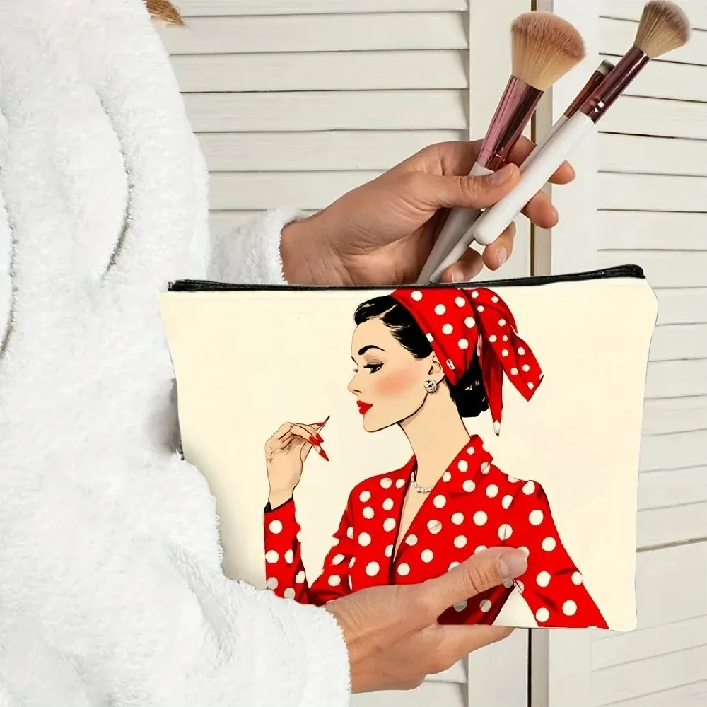 un sac de maquillage rétro à pois pour fille – jolie pochette multifonctionnelle à fermeture éclair pour femmes, sac de rangement de bijoux
