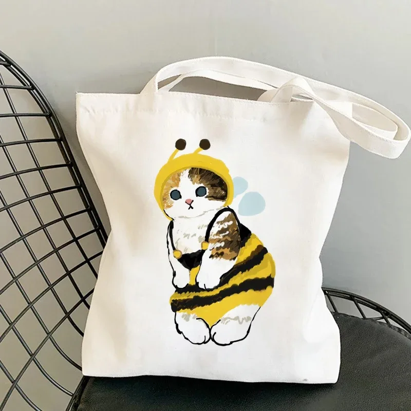 sac kawaii sac blanc sacs porté épaule sacs à provisions sacs à bandoulière en toile pour filles, sac de shopping à la mode, kawaii chats animaux mignons, sac de shopping, fourre-tout décontracté