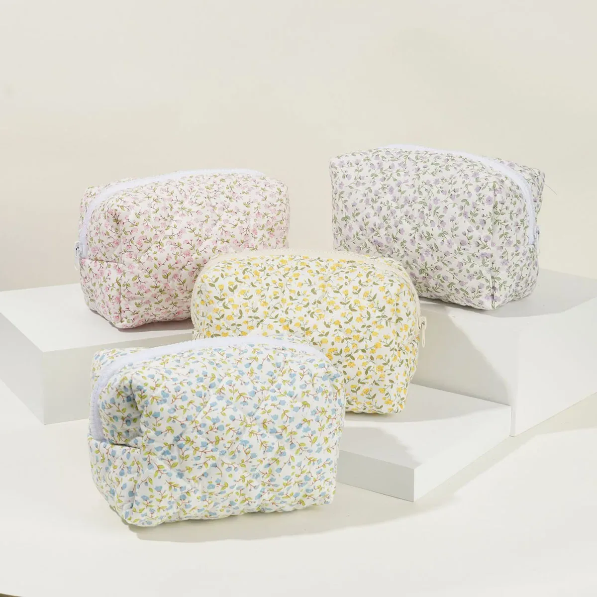 pochette de maquillage florale matelassée douce, pochette de voyage en coton portable, trousse de toilette à fermeture éclair, organiseur de rangement pour femmes