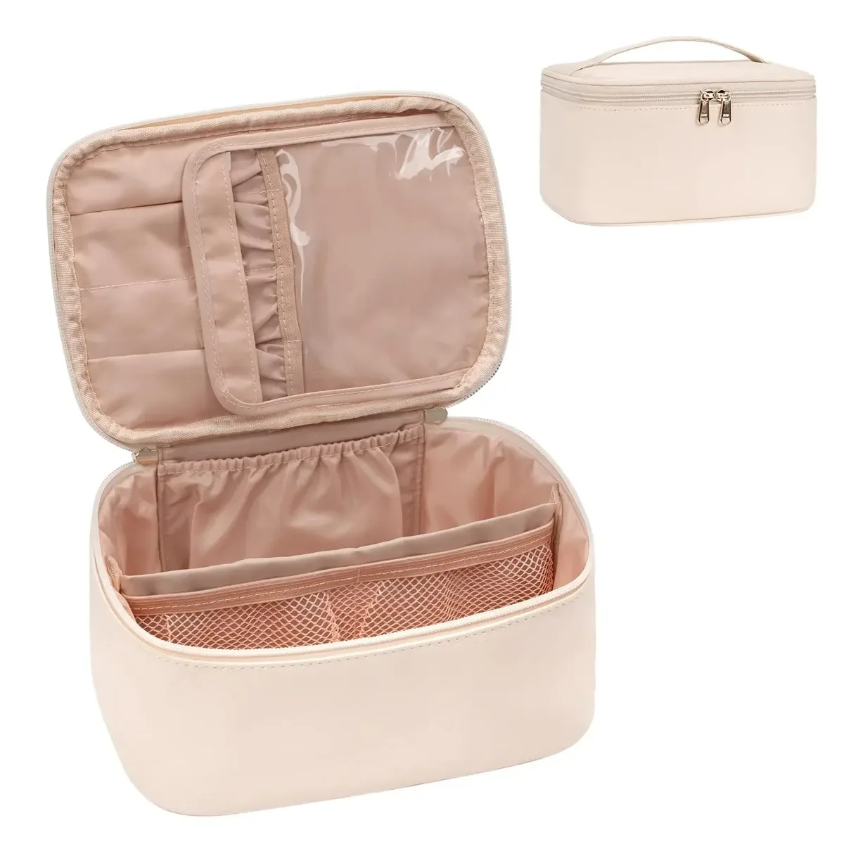 sac de voyage portable grande capacité pour maquillage, organiseur de cosmétiques avec compartiments, étui de transport en pu à poignée