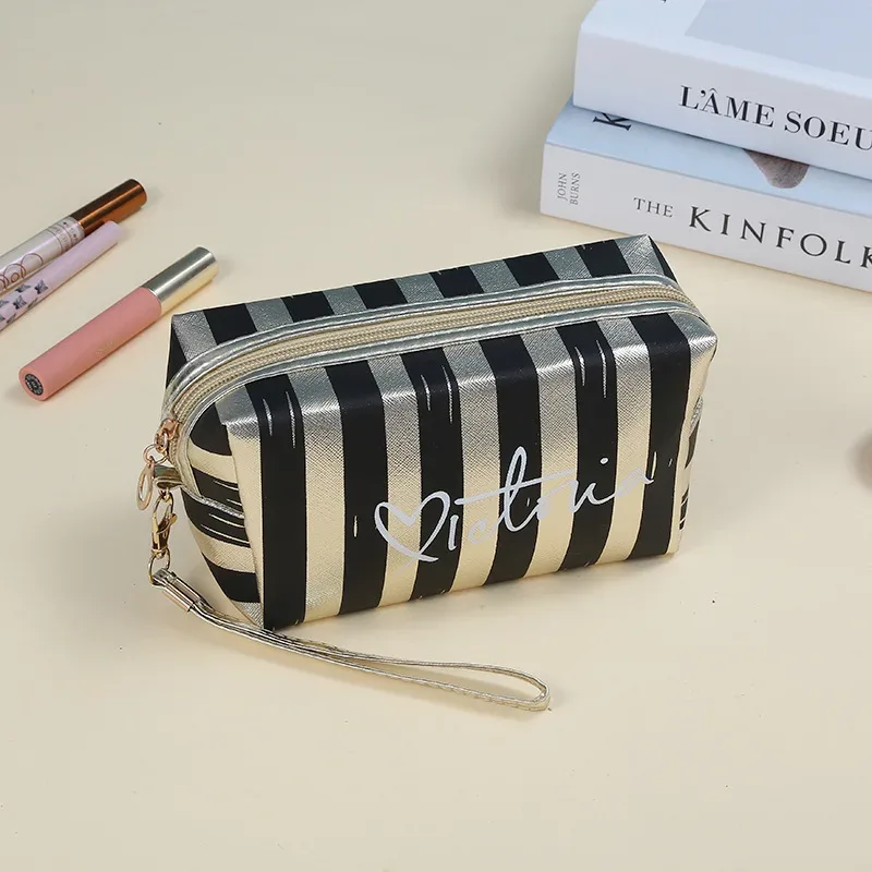 sac à cosmétiques à la mode pour femmes, sac de maquillage portable rayé, coréen doux cool, sacs de rangement imperméables personnalisés