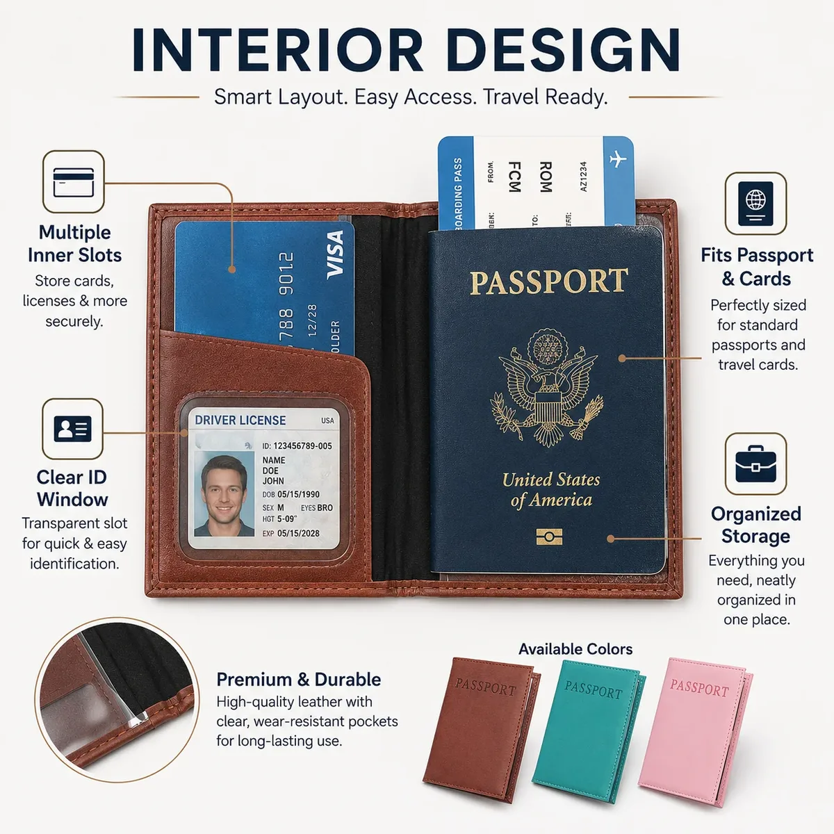 porte-passeport en cuir, étui de voyage fin pour documents, housse de protection pour passeport avec emplacements pour cartes pour les voyages