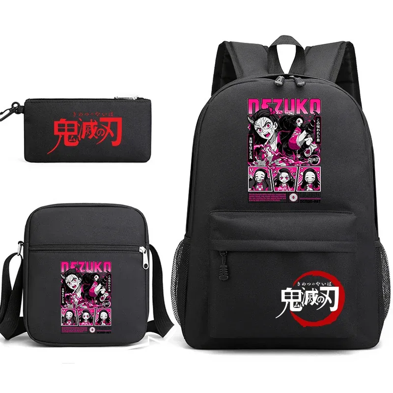ensemble de sacs à dos d'école imprimés demon slayer, 3 pièces, avec sac à bandoulière, trousse à crayons pour garçons et filles