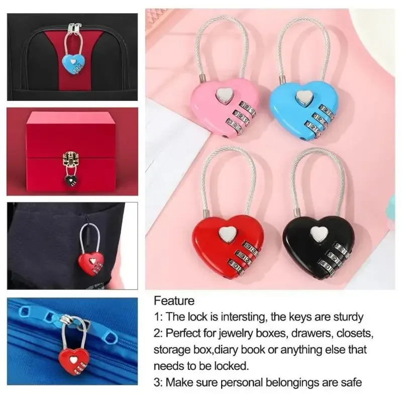 cadenas réinitialisable à 3 chiffres en forme de cœur, cadenas à code pour bagages d'extérieur, cadeau de la saint-valentin