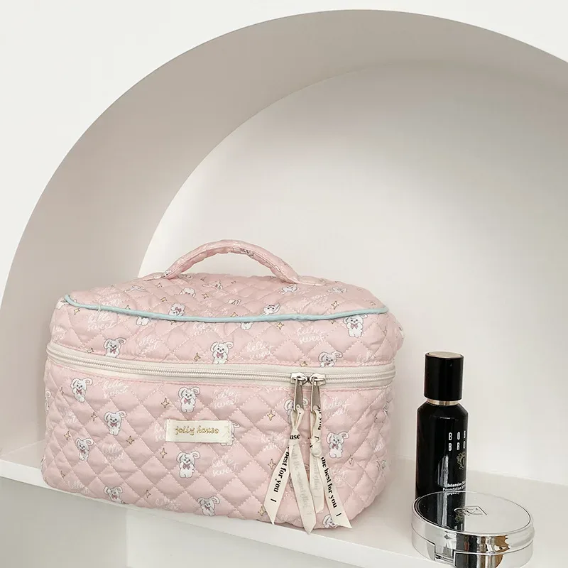 sac de maquillage en coton matelassé pour femmes, mignon, organisateur de cosmétiques à fermeture éclair, sac à main en tissu féminin en forme de boîte, trousse de toilette portable pour filles