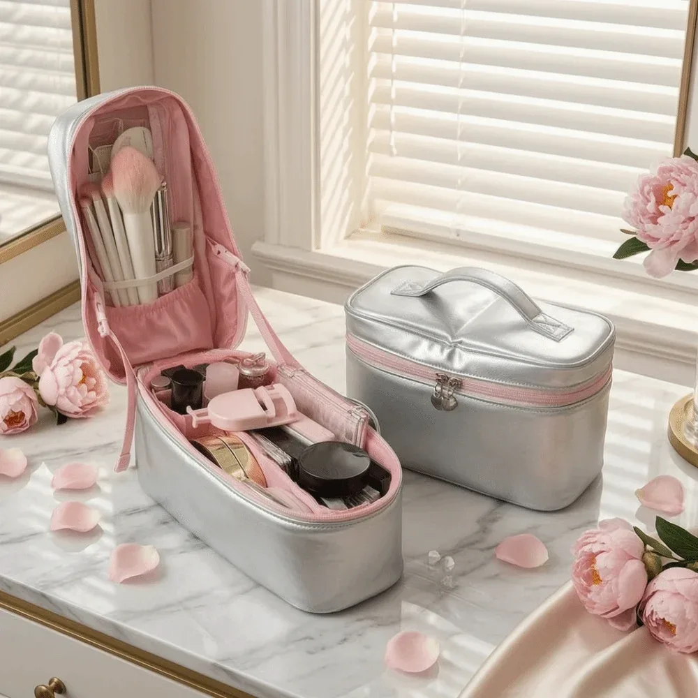Sac de Maquillage en Cuir PU Argenté Multifonctionnel Grande Capacité Pochette de Rangement Cosmétique avec Poignée Amovible