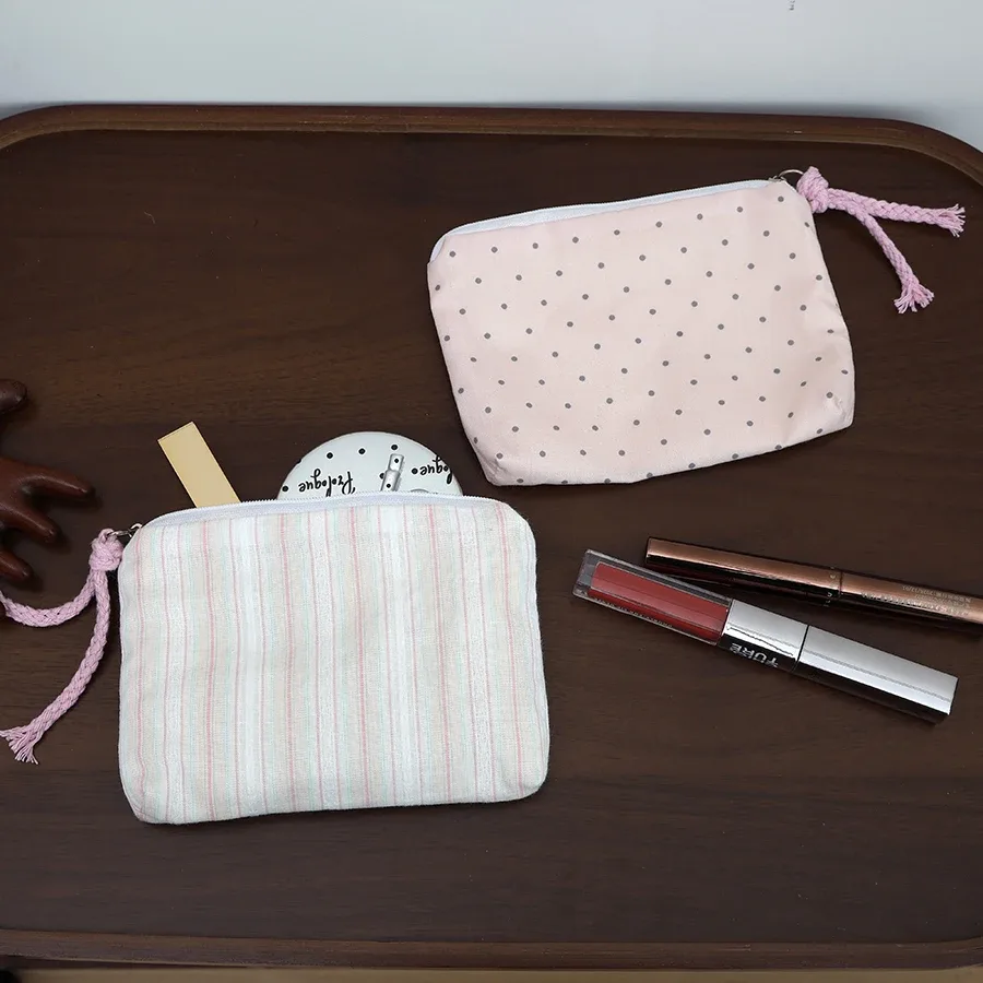 pochette cosmétique rayée rose pour femme, mini portefeuille mignon, pochette portable pour rouge à lèvres, écouteurs, clés, organiseur de maquillage de voyage