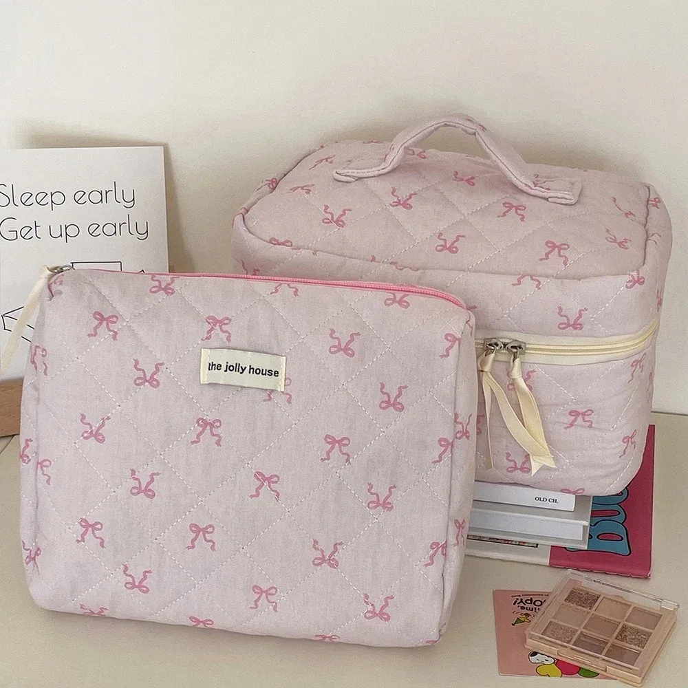 3 pièces grand + moyen + petit nœud papillon rose matelassé femmes sacs à cosmétiques Portable fermeture éclair maquillage voyage organisateur sac à main pochette de toilette