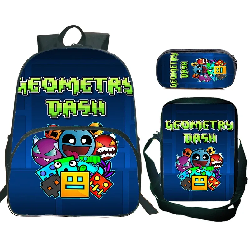 ensemble de 3 sacs à dos cartoon geometry dash pour garçons et filles, sac d'école de grande capacité, sac de voyage, sac à bandoulière pour enfants, sac à crayons