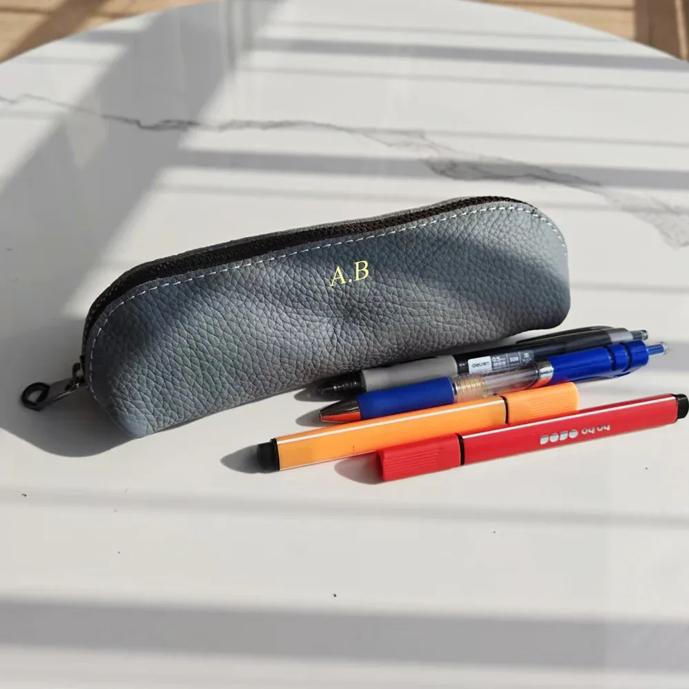 pochette à crayons en cuir véritable personnalisable avec nom – trousse à stylos pour étudiant, pochette de luxe en cuir de vachette pour femme, petite trousse à maquillage zippée
