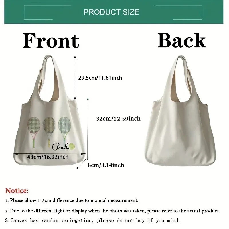 sac fourre-tout personnalisé avec motif tennis et nom, sac à bandoulière littéraire, sac à livres illustré pour fille, cadeau pour joueurs de tennis