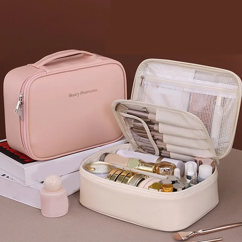 sac de maquillage de voyage double couche en cuir pu pour femmes, sac de rangement portable de grande capacité, sac de voyage étanche à fermeture éclair
