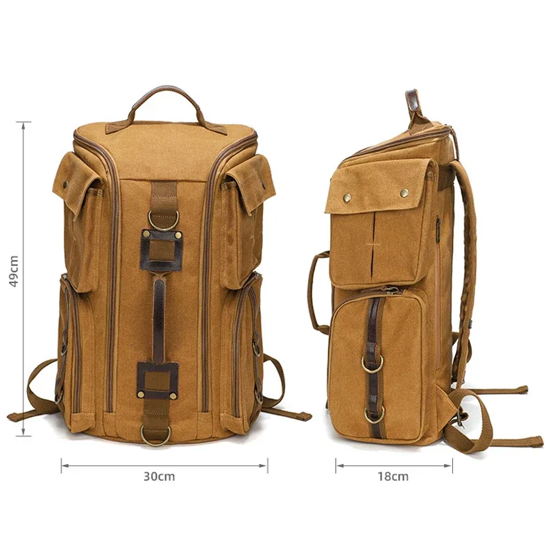sac à dos en toile décontracté avec accents en cuir, plusieurs poches zippées et anneaux métalliques, sac à dos de voyage rétro de grande capacité pour hommes