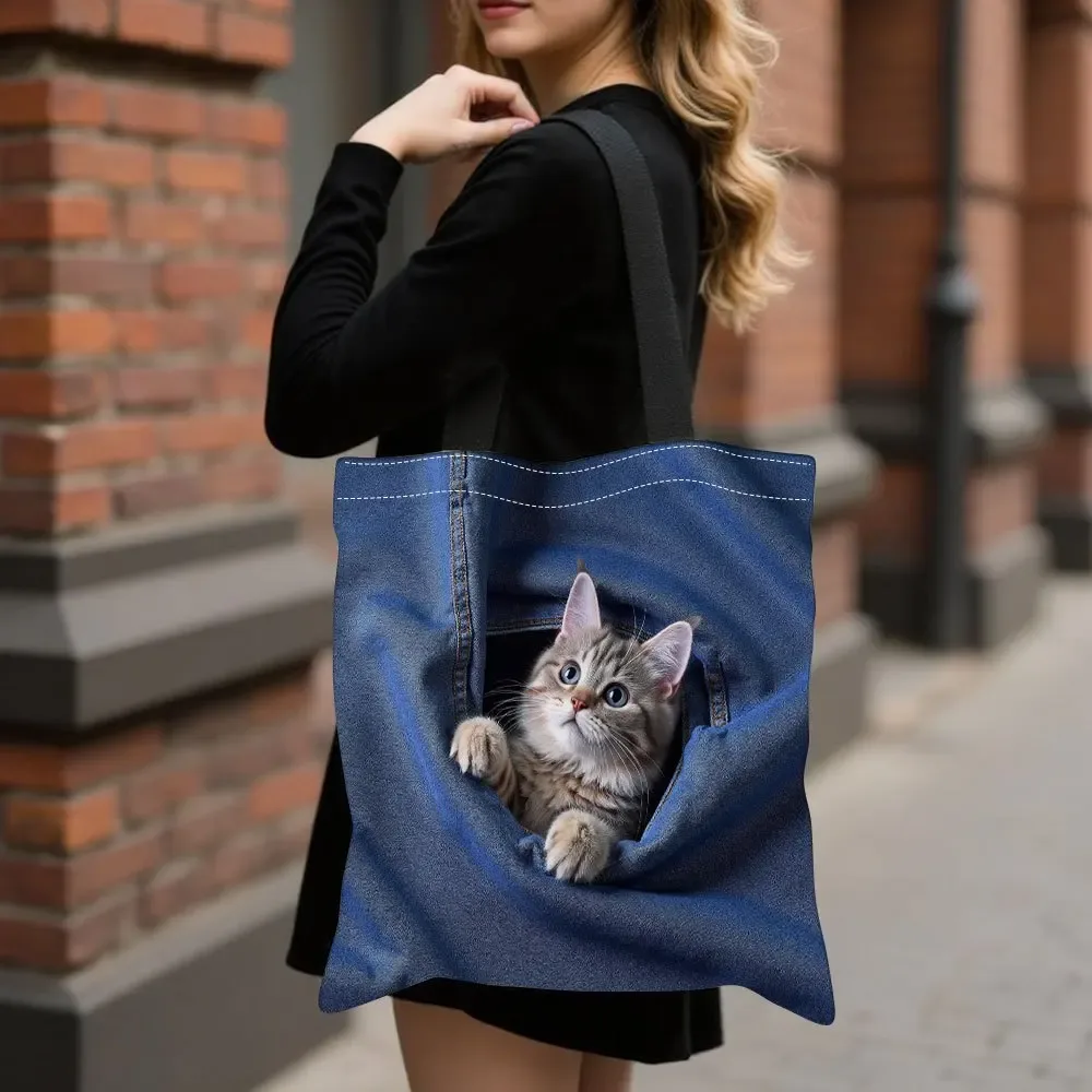 sac de rangement avec motif de chat qui fait la curieuse dans une poche de jean, sac à main mignon avec motif d'animal, sacs fourre-tout adaptés pour le shopping et les voyages, sac à bandoulière