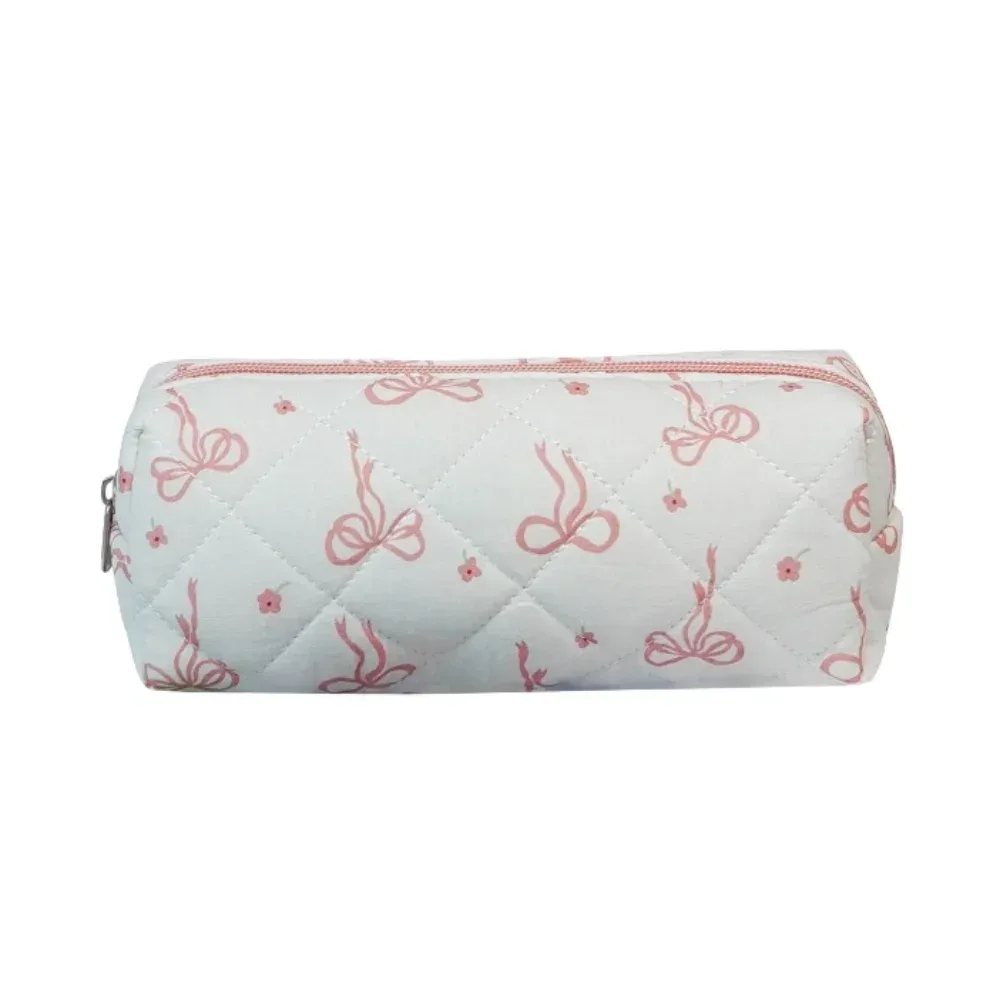 sac à cosmétiques de style coréen, sacs de rangement de voyage à fermeture éclair multi-tailles, sac matelassé de maquillage à carreaux avec nœud rose pour femmes et filles