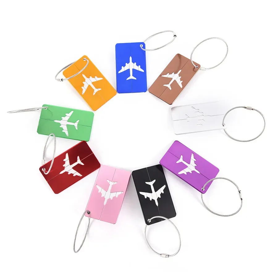 étiquette de bagage de voyage en alliage d'aluminium, étiquette suspendue pour valise, avion avec nom, cartes d'identité, anti-perte, couleur unie, accessoires de voyage