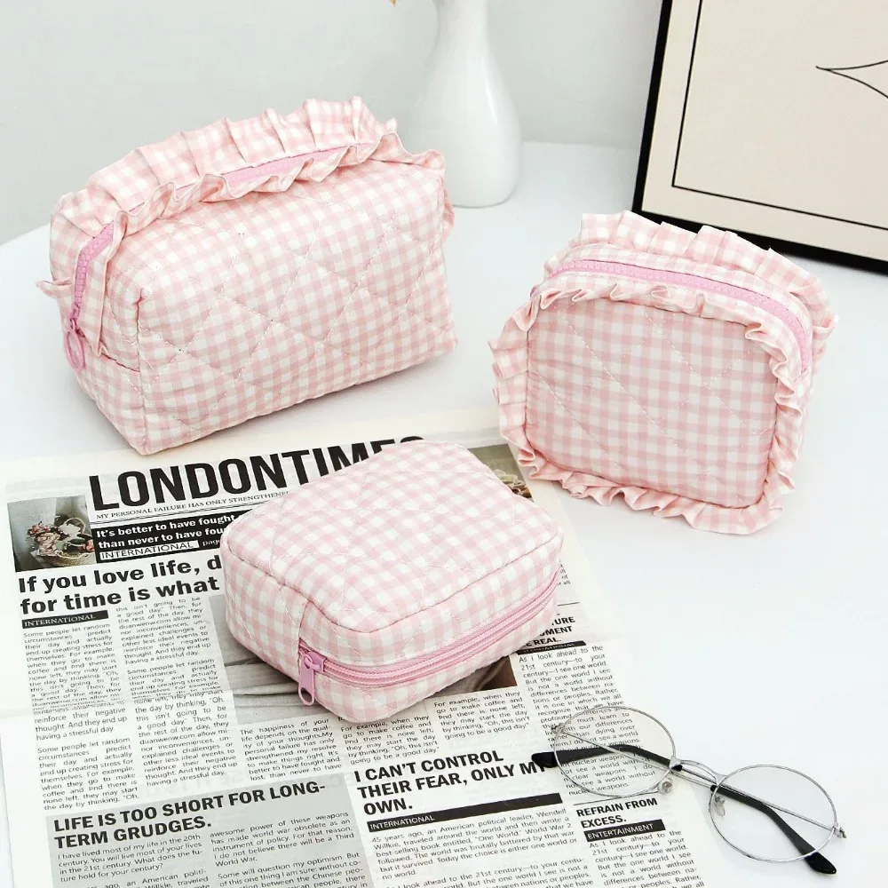 trousse de maquillage portable, design matelassé, motif à carreaux, sac de rangement pour pinceaux de maquillage, multifonctionnel avec fermeture éclair, trousse de toilette de voyage