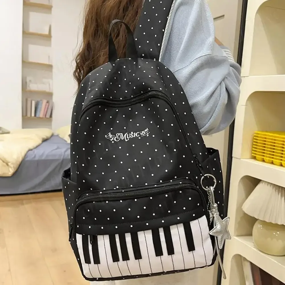 sac à dos décontracté en nylon pour femmes, à pois, motif touches de piano, sac d'école, sac à livres avec pendentif, sac de voyage pour filles, sac à main mignon pour ordinateur portable, sac à dos quotidien
