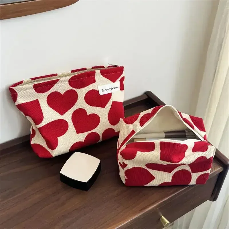 Trousse de maquillage à motif imprimé cœur pour femme, grande capacité, pochette cosmétique, trousse de toilette, trousse de rangement pour produits de toilette, poudres de maquillage