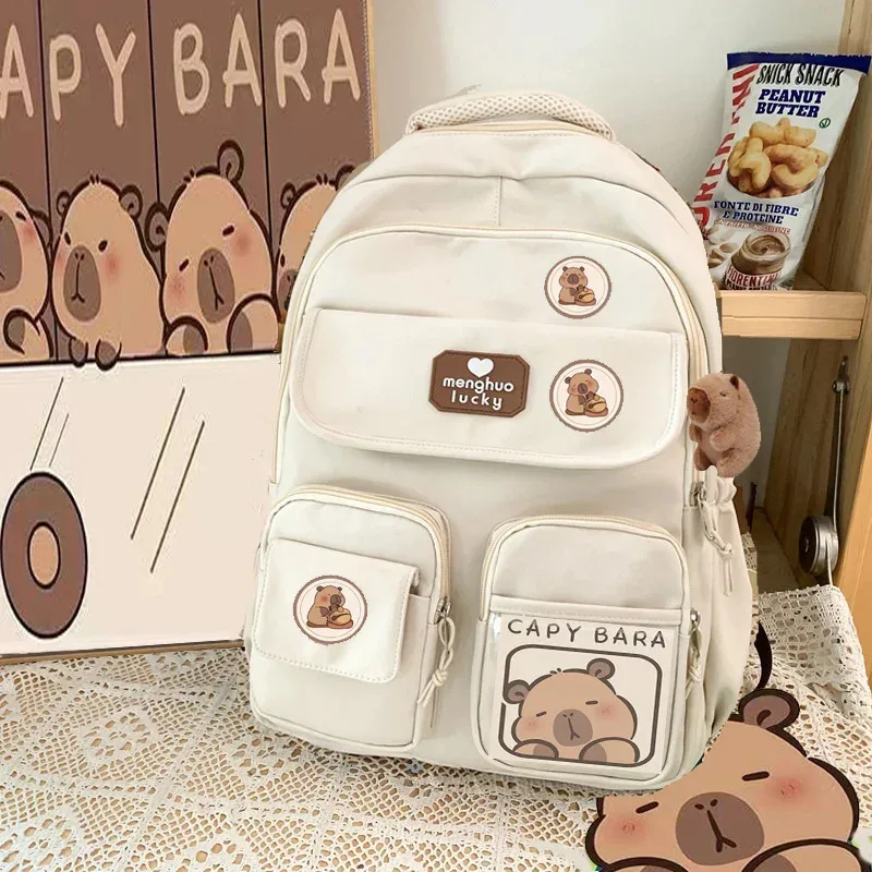 dessin animé capybara école sac à dos étudiant pochette d'ordinateur tissu imperméable sangle réglable sac de voyage décontracté avec plusieurs poches