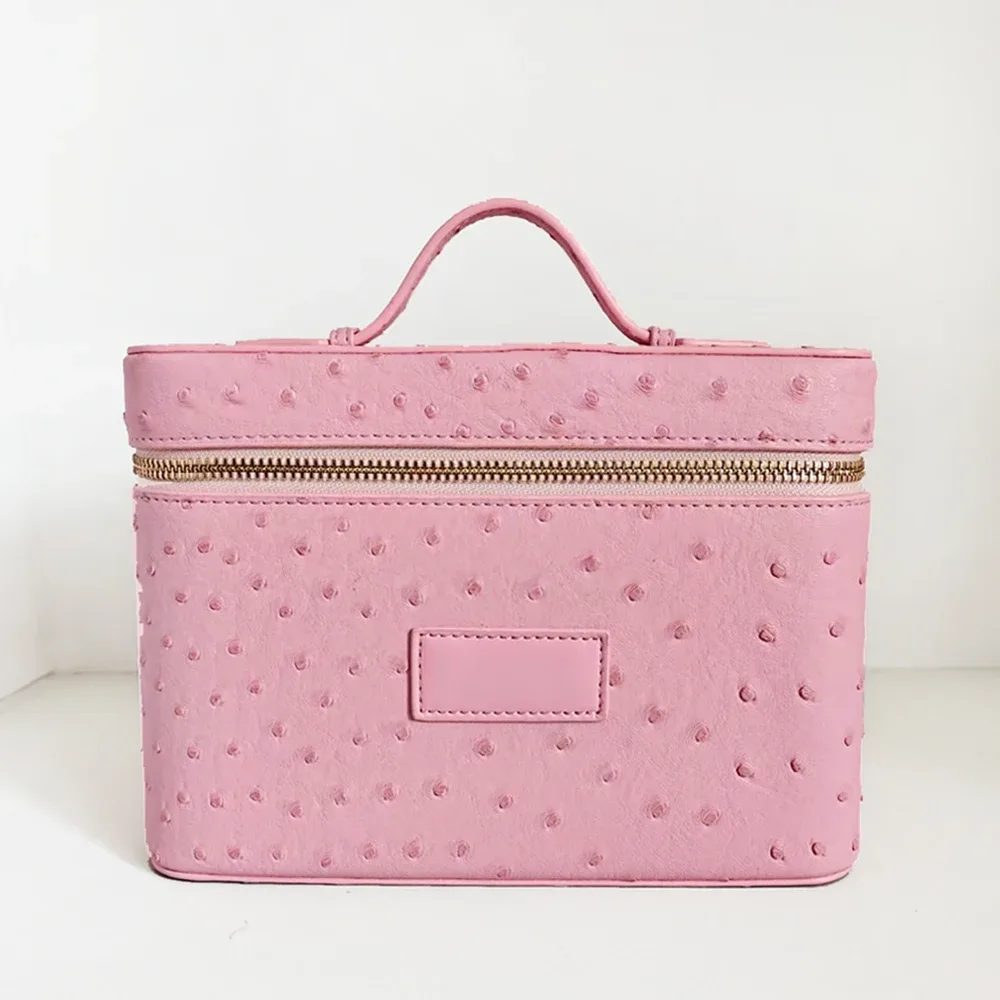 trousse de maquillage de luxe en simili plumes d'autruche pour femme, sac de voyage personnalisable grande capacité avec poignée, organisateur cosmétique