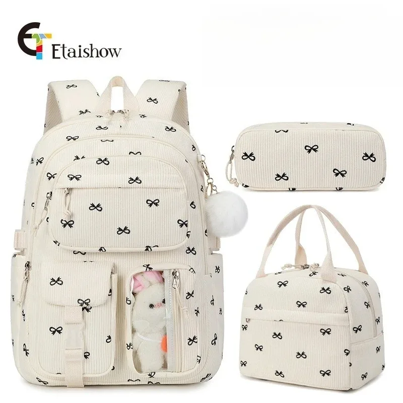 lot de 3 sacs à dos en velours côtelé motif fraise, multifonctionnels, pour l'école, les voyages, grande capacité, légers, pour étudiants