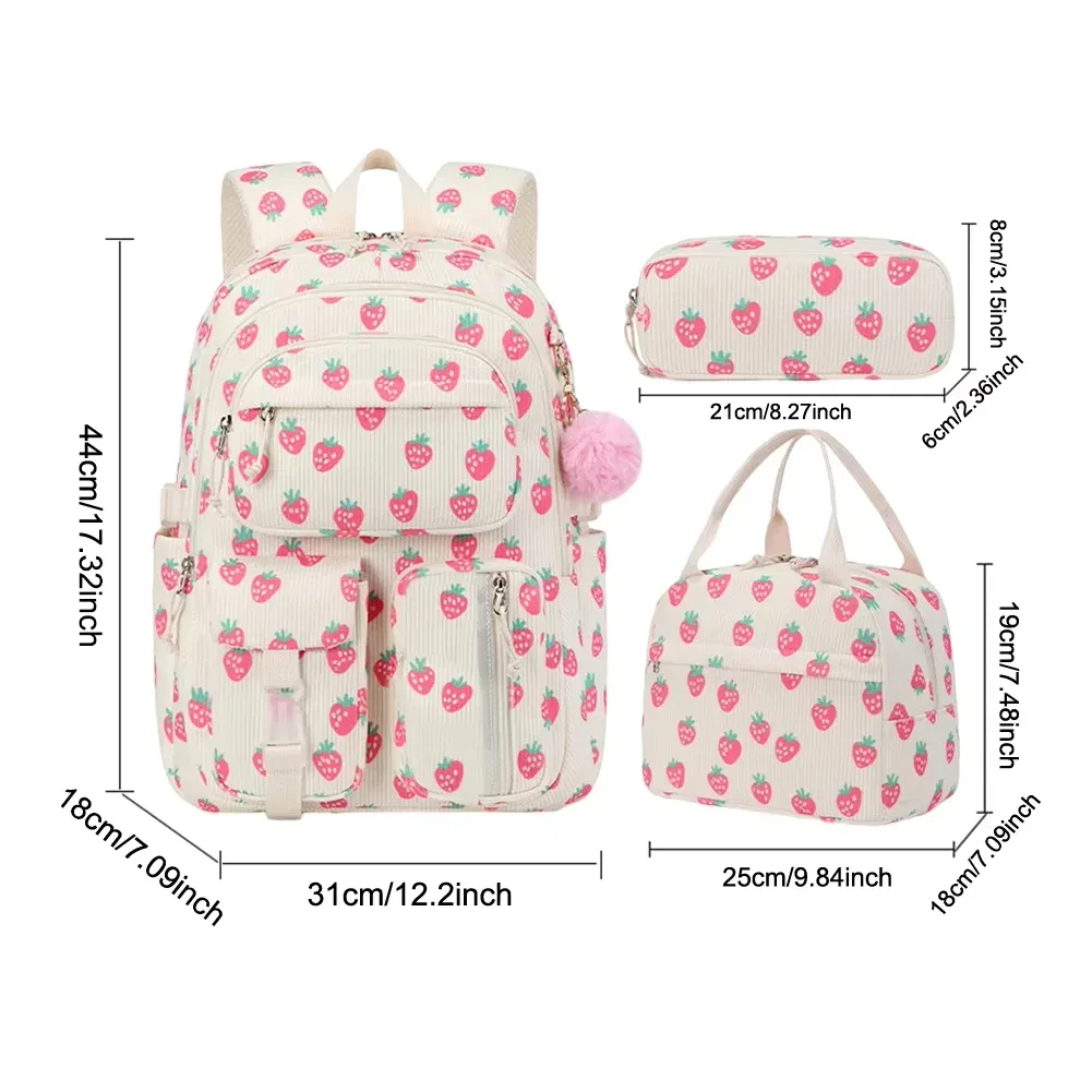sac à dos d'université en velours côtelé, 3 pièces, avec sac à déjeuner, trousse à crayons, mignon fille, école, imprimé fraise, ensemble de sac à dos pour adolescentes et femmes