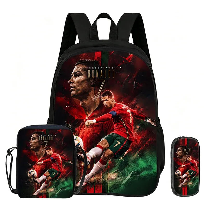 Sac à dos d'école, sac à bandoulière, trousse à crayons, sac de sport Ronaldo pour enfants, ensemble de 3 pièces, sac à dos de football, cadeau pour les fans de stars du football