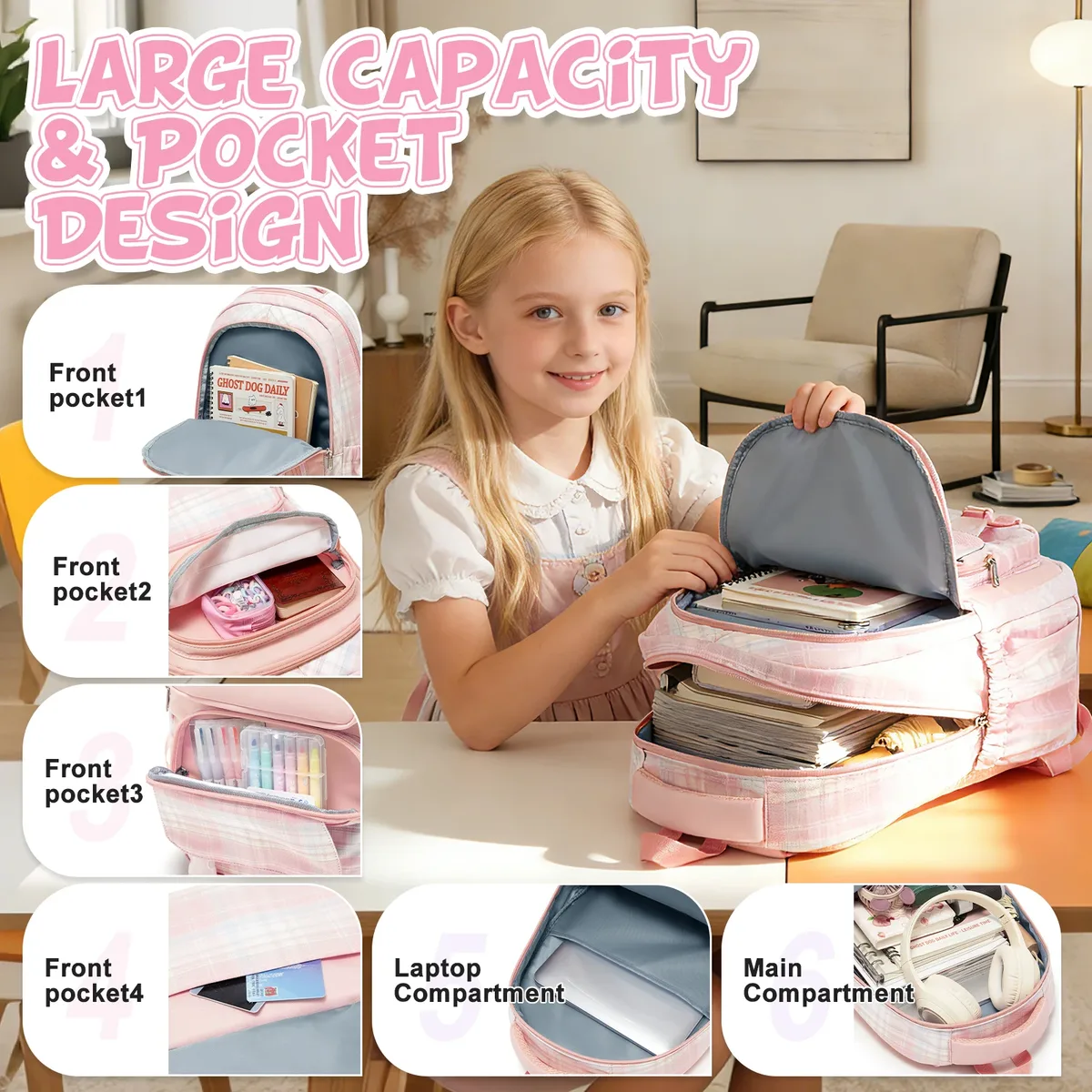 sac à dos scolaire pour adolescente, sac à dos décontracté multi-poches pour l'école primaire, sacs à dos quotidiens, sac à dos pour l'école